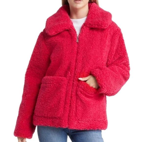 Sam Edelman pink faux fur fuzzy fleece pink teddy jacket coat Size large new! - Picture 1 of 16
